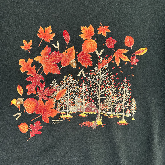 Vintage Autumn Leaves Sweater Adult MEDIUM Black Sweatshirt Double Collar 90s - Picture 2 of 8